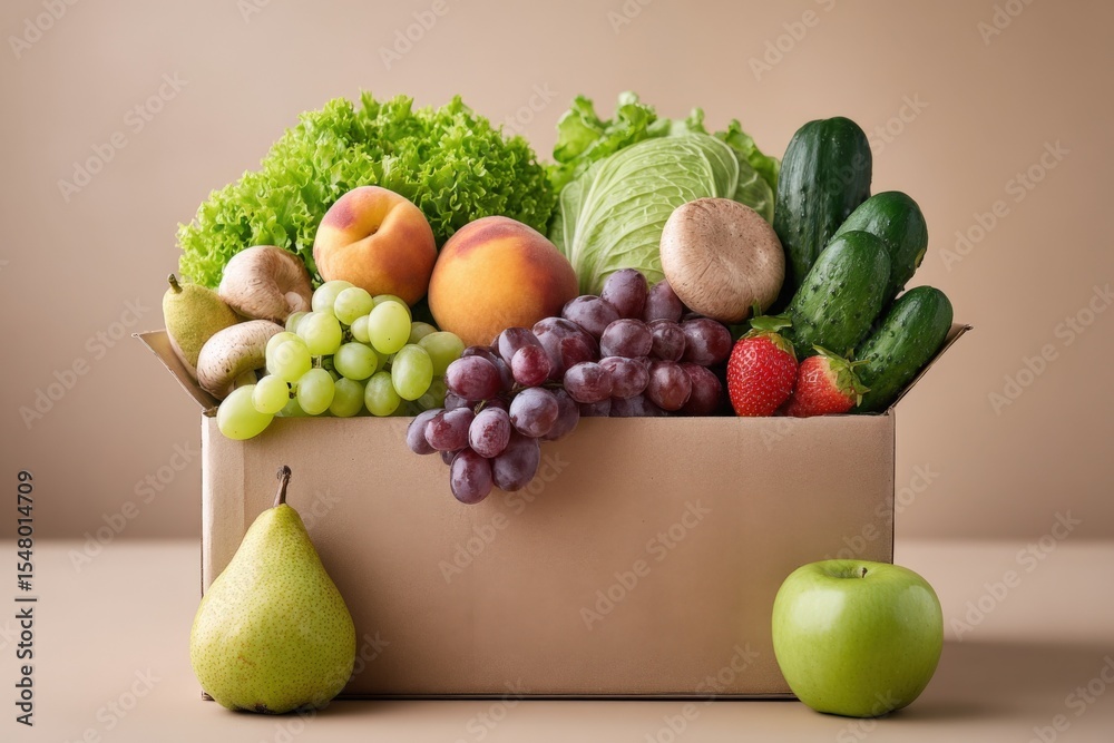 Poster fresh organic fruit and vegetable assortment in a cardboard box with pears s grapes cucumber lettuce