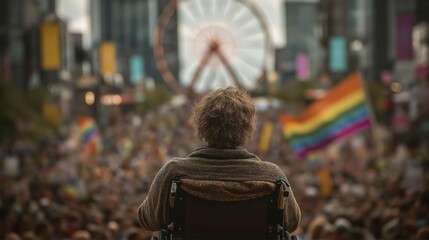 Obraz premium Female at city parade with ferris wheel and rainbow flag in background