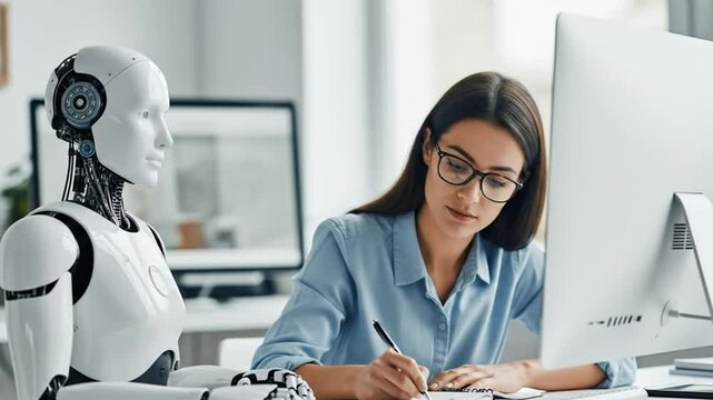 A woman and a robot collaborate at a desk, working with technology and artificial intelligence.
