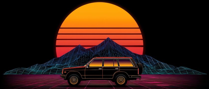 Retro Futuristic Car with Dynamic Sunset and Mountain Background in Neon Colors