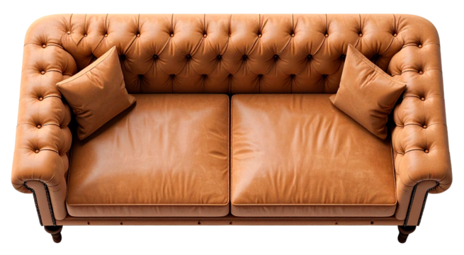 top view of brown leather sofa with pillows in classic style with texture details on armrest