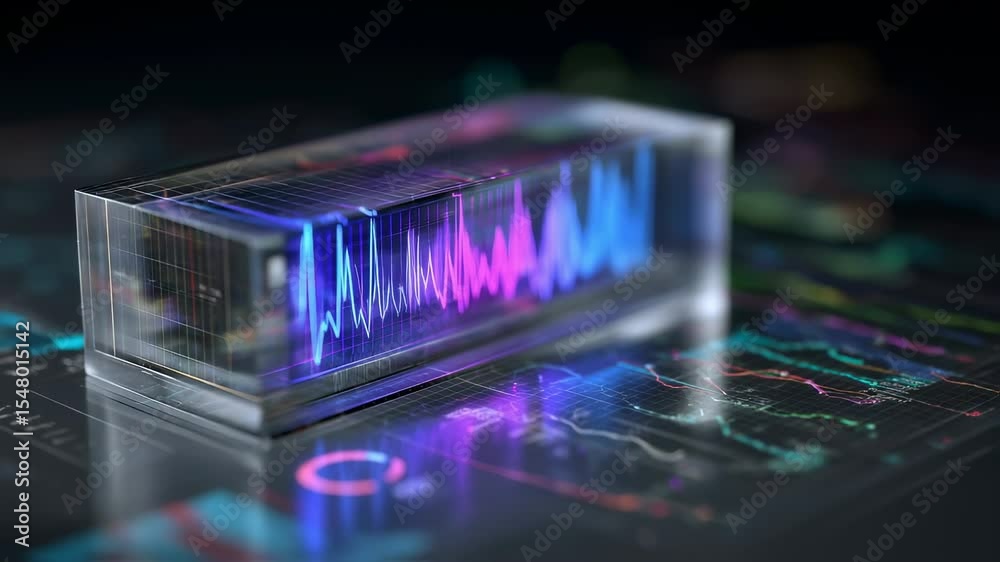 Aufkleber glass cube displaying colorful waveforms hovers above a surface covered with charts and graphs, repr