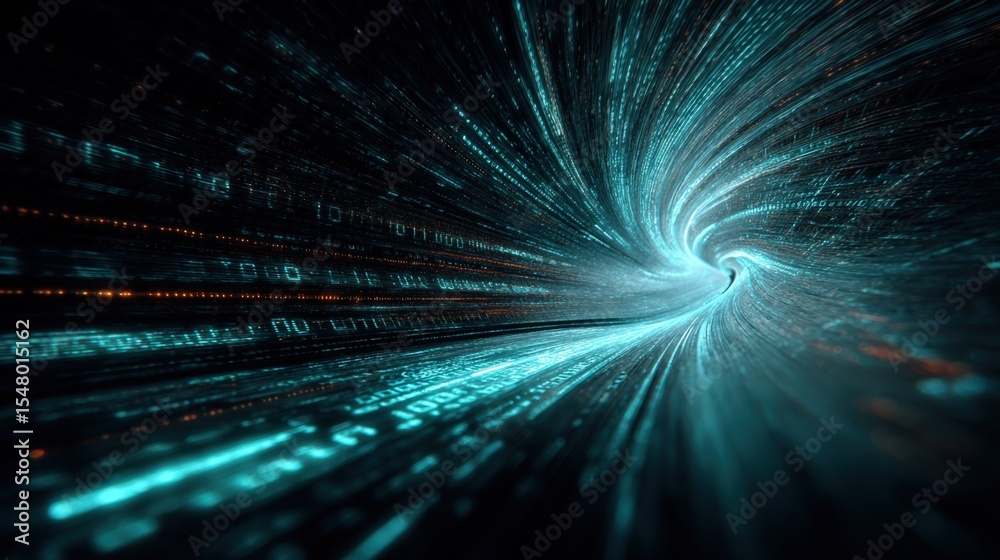 Aufkleber abstract digital tunnel with glowing swirling lines and binary code representing technology innovati