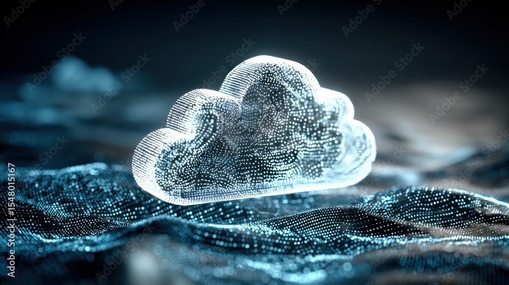 Poster Highly detailed digital illustration of a holographic cloud icon with glowing dots and lines on a dark background representing cloud computing technology