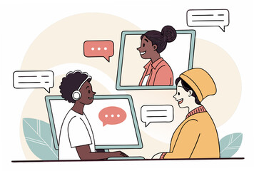 Diverse team virtual meeting flat illustration