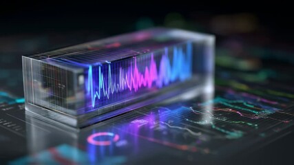 Glass cube displaying colorful waveforms hovers above a surface covered with charts and graphs, representing innovation in data visualization and analysis - Powered by Adobe