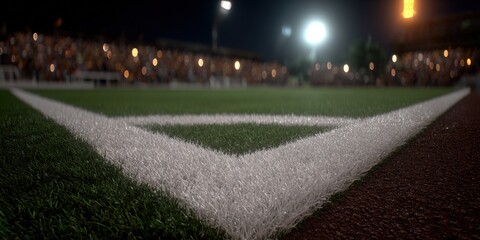 Vibrant illuminated football stadium at night with crowded ence, floodlights, green field, white lines, and surrounding track