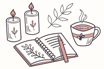 Hand drawn self care icons candles and wellness
