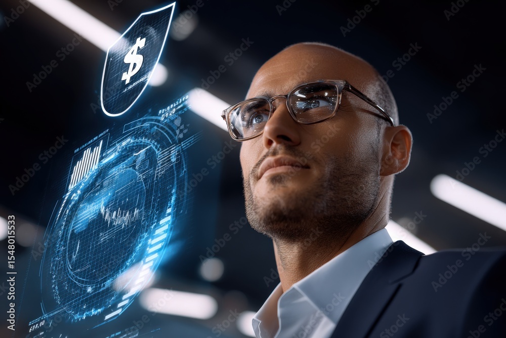 Poster businessman wea glasses analyzing digital financial security charts with holographic data interface 
