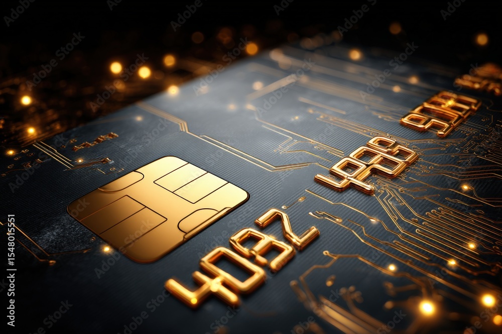 Poster Close-up of a modern computer circuit board with gold-plated chip and intricate electronic pathways illuminated in warm glow for technology and electronics concept