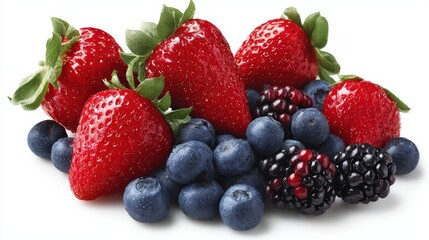 Obraz premium Fresh and Juicy Berries Arrangement with Strawberries, Blueberries, and Blackberries on White Background