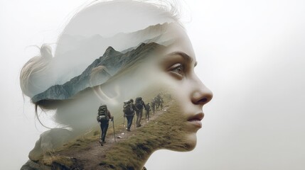 Scenic double exposure of mountain hikers trekking through rugged terrain blending with a close-up profile of a young woman’s face in a misty outdoor environment