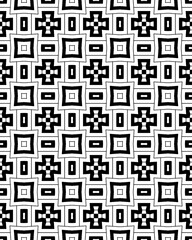 This pattern showcases a repeating design of black squares and crosses on a white background, forming a striking visual effect