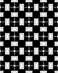 This seamless pattern showcases interconnected geometric shapes in a black and white color scheme, ideal for textile and graphic designs