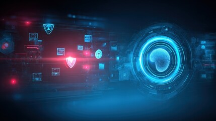 High-tech digital security concept with futuristic interface glowing shields and digital icons representing cybersecurity technology