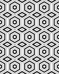 This striking pattern features black and white hexagons mixed with diamonds, perfect for textiles or wallpapers