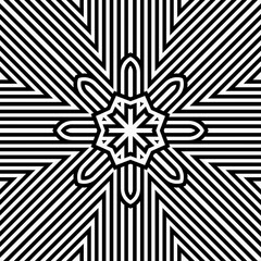 Intricate design showcases a series of lines converging towards a central star shape, creating a visually striking black and white effect