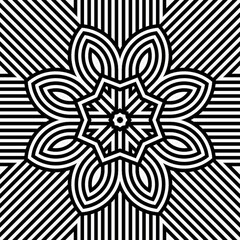 Detailed black and white pattern showcases a floral shape at the center surrounded by repetitive lines creating a mesmerizing effect