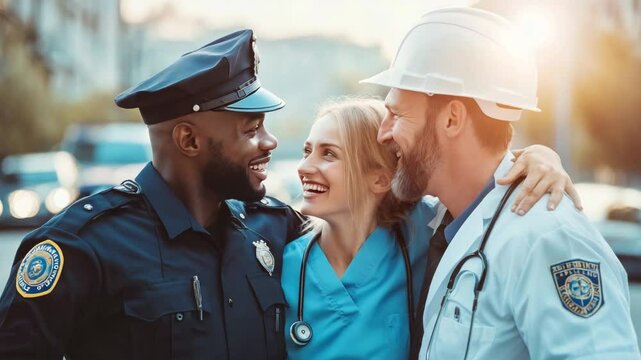 Three smiling professionals: a police officer, a nurse, and a construction worker. International Workers Day.