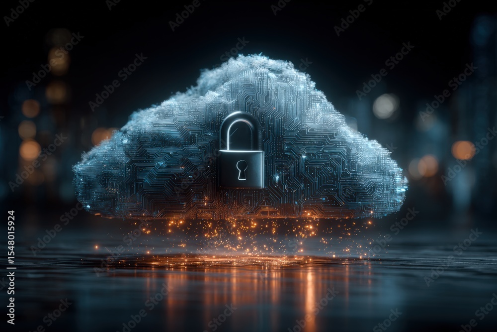 Aufkleber Cloud computing technology with digital lock symbol representing data security in cloud storage with glowing lights in a dark urban background