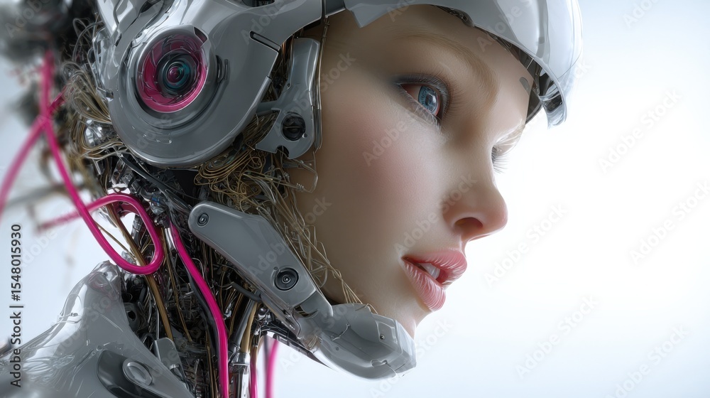 Poster highly detailed close-up of a female robot with human-like skin and facial features wea a futuristic