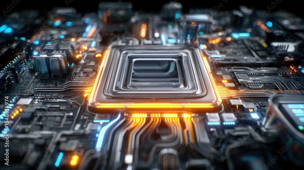 Poster Highly detailed close-up of a modern computer motherboard with illuminated circuits, microchips, and electronic components showcasing advanced technology