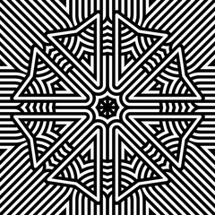 Complex geometric design with sharp lines creating a star motif at the center, surrounded by contrasting patterns in black and white