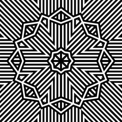 A complex design featuring a central star shape, surrounded by an array of diagonal lines and geometric elements, creating an illusion of depth