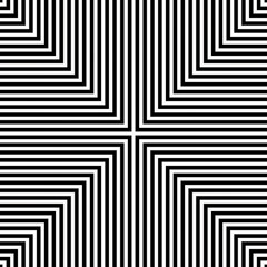 Bold black and white lines form a complex geometric pattern that plays with perception and creates a visually striking optical illusion