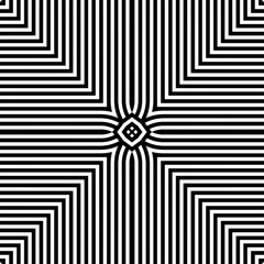 Intricate black and white lines converge in a hypnotic design, forming geometric shapes and creating a striking visual effect
