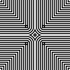 Symmetrical pattern made of black and white lines converging at the center, creating a mesmerizing optical illusion with depth