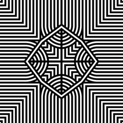 Intricate black and white geometric lines form a central diamond shape surrounded by concentric patterns, creating a captivating illusion
