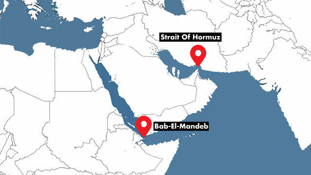 Flat vector white map with location icons labeled Bab el-Mandeb and Strait of Hormuz, land and ocean view, no text or country names
