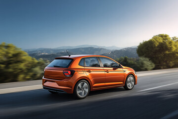 Fototapeta premium Vibrant orange hatchback driving on a clear road with motion blur, surrounded by lush green hills and a bright blue sky, perfect for showcasing modern automotive design, travel, and the joy of a journ