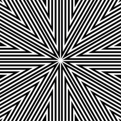 Intricate design features black and white lines converging at the center, creating a striking visual effect with depth and perspective