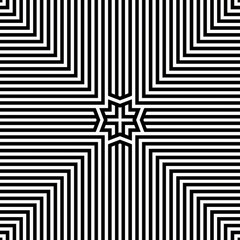 Complex design features a series of black and white lines creating a star shape in the center, conveying a sense of depth and movement