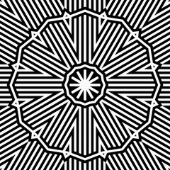 Intricate black and white geometric design showcases radial lines creating a striking pattern suitable for modern decor