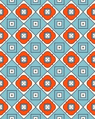 Geometric pattern showcases interlocking shapes in blue, red, and white, ideal for textiles, wallpapers, and home decor