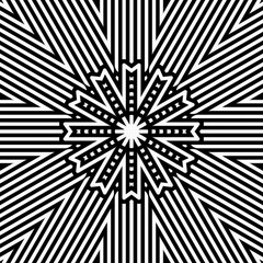Complex design features a starburst shape radiating outwards with alternating lines, capturing attention with its bold contrast