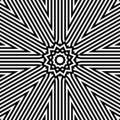 A complex pattern of converging lines creates a striking visual effect with a star shape at the center, emphasizing symmetry and contrast