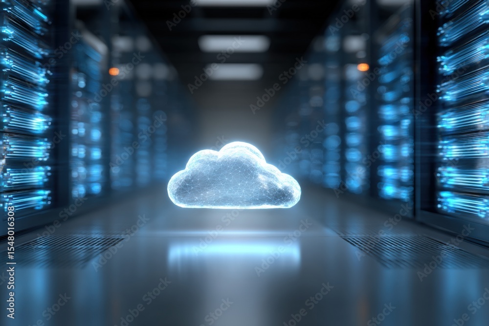 Poster high technology cloud computing data center server room with cloud storage symbol in modern digital 