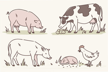 Watercolor farm animals cows and pigs illustration set