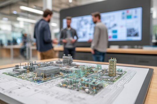 Detailed industrial facility model showcased at design workshop during collaborative team discussion