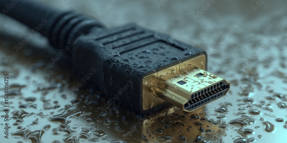 Poster close-up of a high-quality hdmi connection cable with water droplets on surface, electronic device c