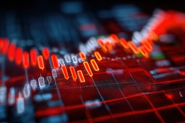 Abstract futuristic financial stock market data visualization with glowing red and blue digital lines and graphs for technology and investment concepts