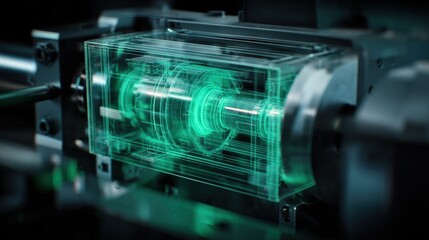 High-tech futuristic holographic interface display with digital blueprints and complex geometric designs on translucent screen in modern technology setting