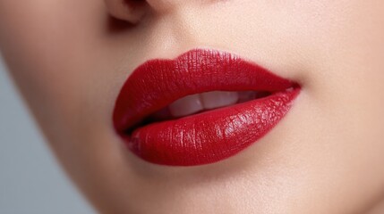 Naklejka premium Close-up of a woman's lips with bold red lipstick and a subtle smile, emphasizing perfect makeup application and glossy finish