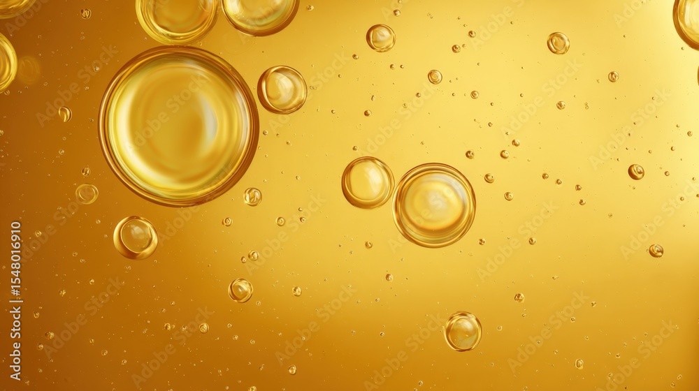 Poster Close-up of oil bubbles in golden liquid with high detail and transparency showing various sizes and shapes in a vibrant abstract background
