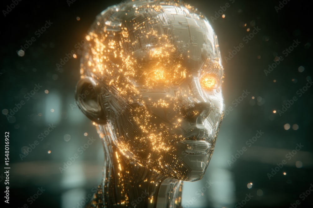 Poster Futuristic Artificial ligence Robot Head with Glowing Digital Data and Tech Lights in a Dark Cybernetic Environment