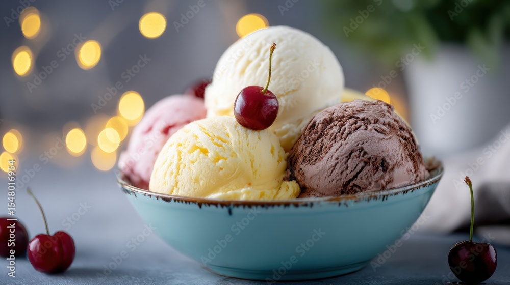 Aufkleber Assorted Ice Cream Scoops in a Blue Bowl with Cherry Garnish on a Cool Modern Table with Warm Bokeh Lights in the Background